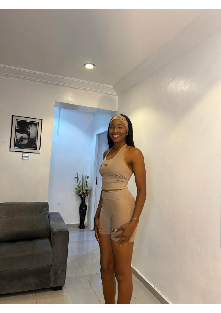Beige Halter Neck, Shorts, Headband