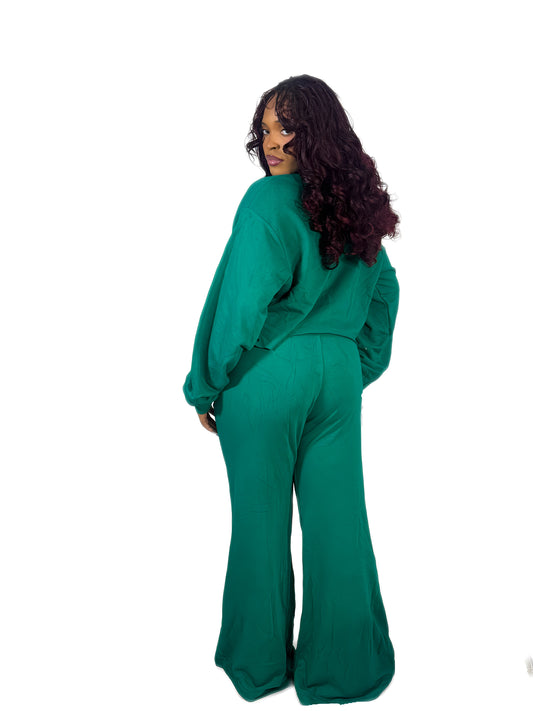 Teal-green Flared Joggers and Shrug
