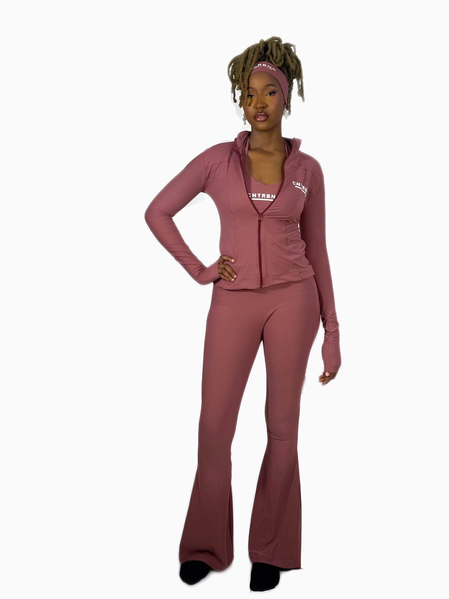 Rose Pink Flared Pants, Compression Jacket, Headband, Halter Neck