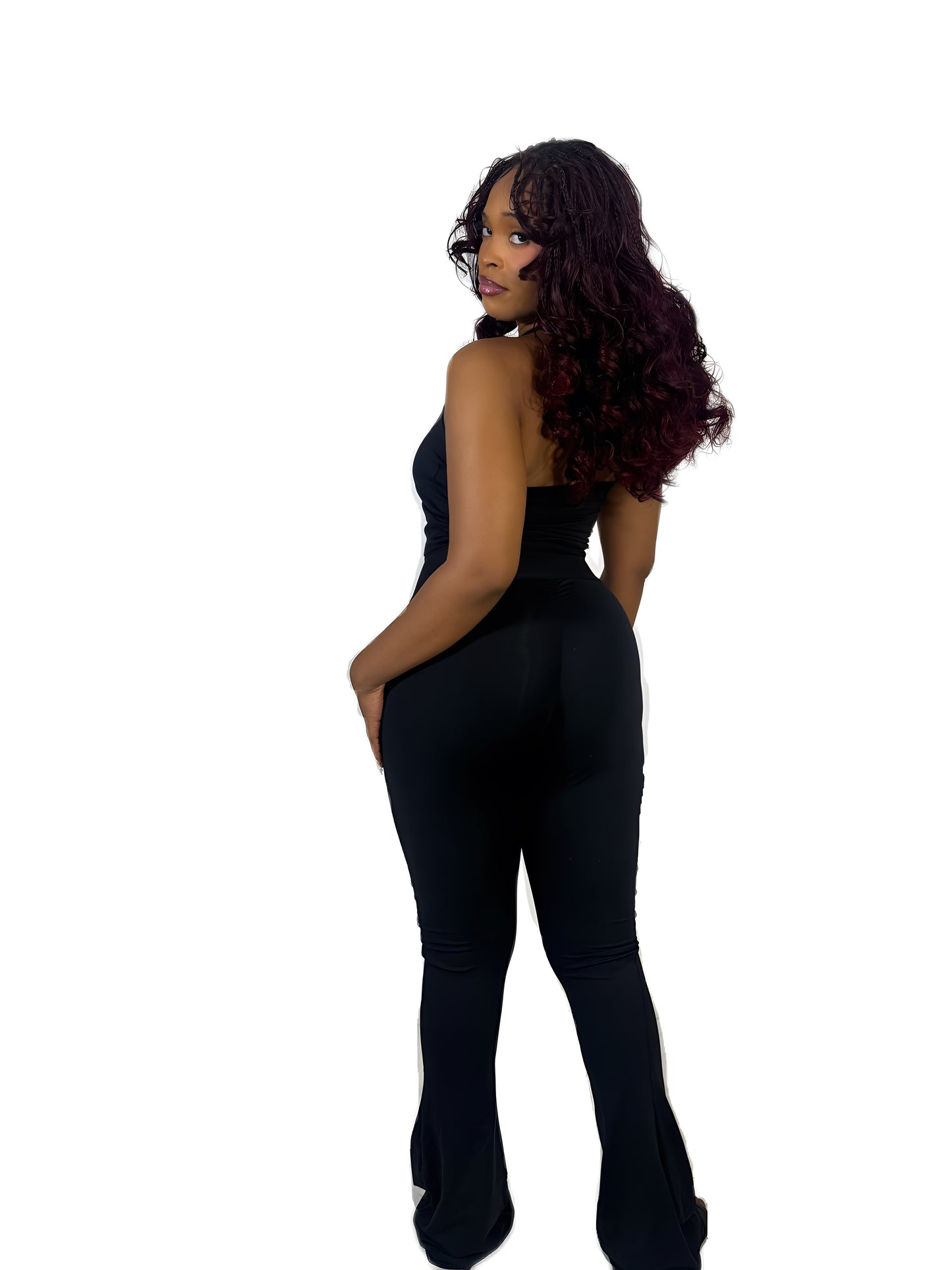 Black Halter Neck, Headband, Flared Pants