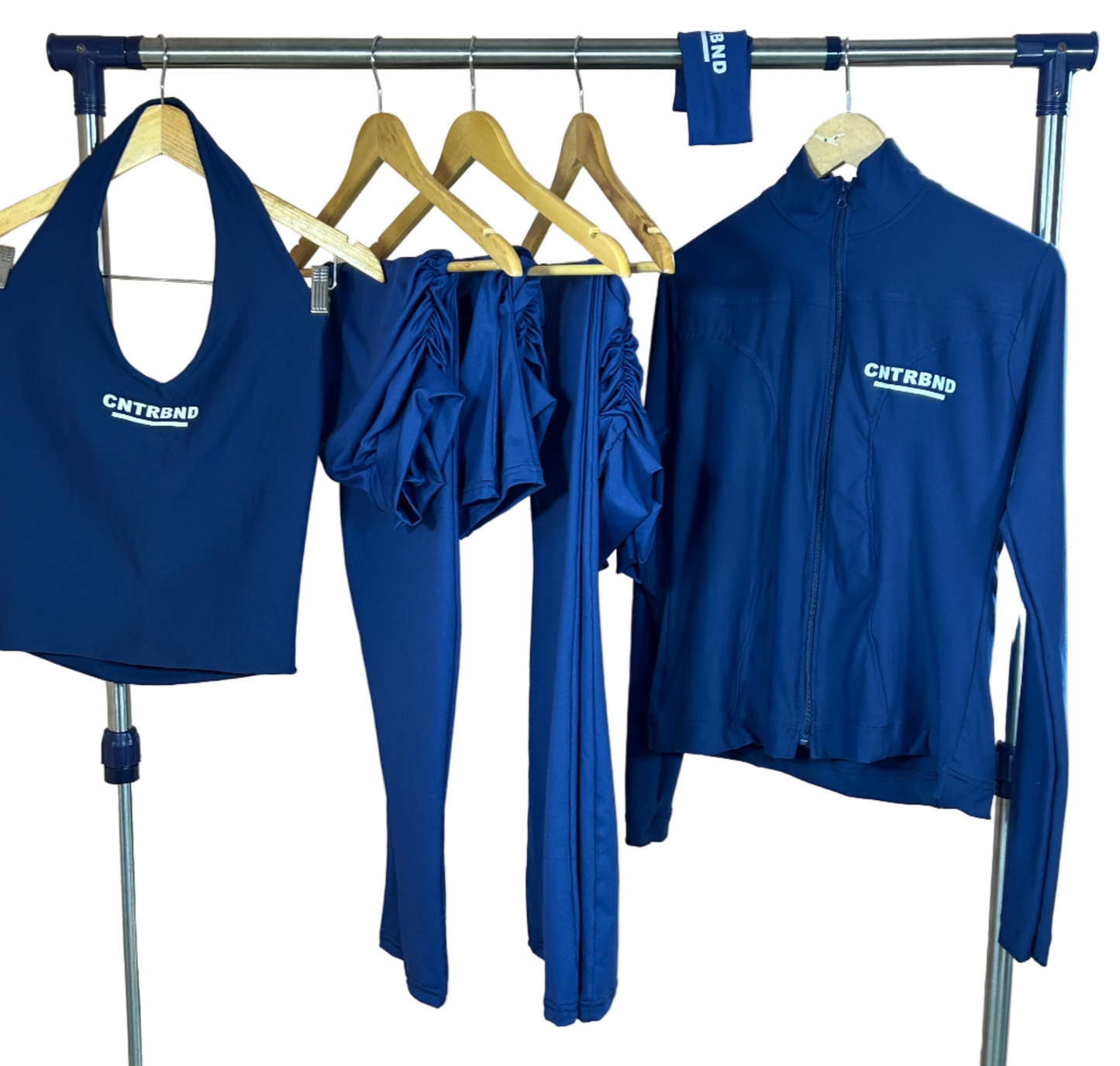 Navy 6 IN 1 Full Set(Shorts, Headband, Compression Jacket, Leggings, Flared Pants, Halter Neck)