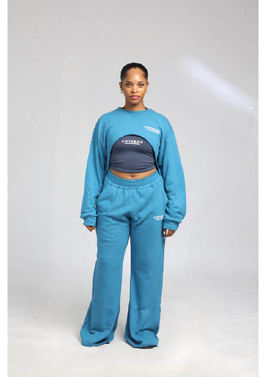 Light-blue Flared Joggers and Shrug