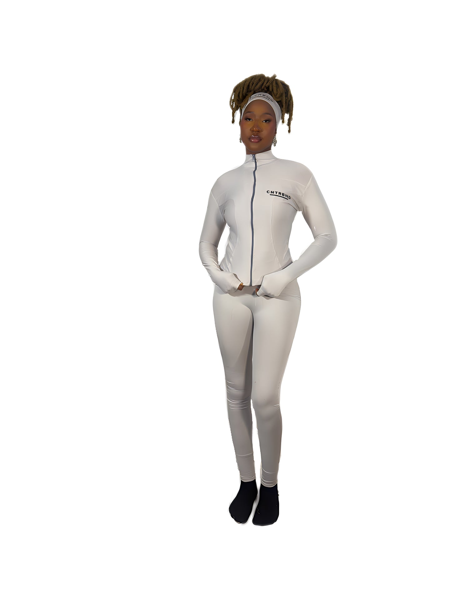 Grey Leggings, Compression Jacket, Headband, Halter Neck