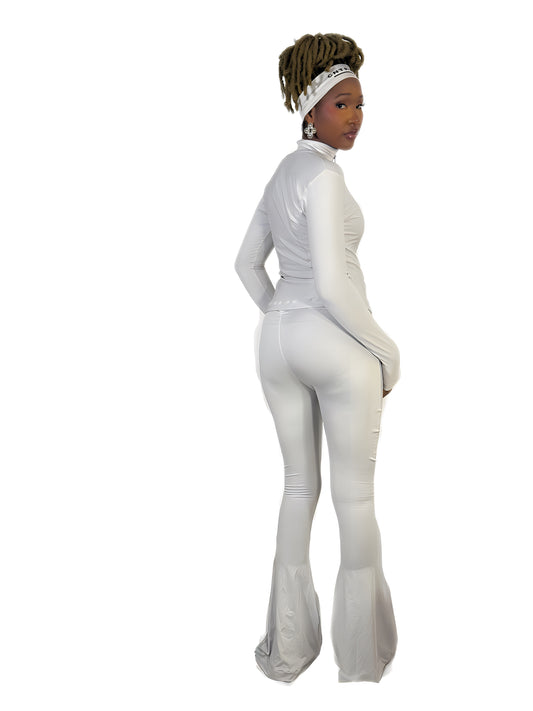 Grey Flared Pants, Compression Jacket, Headband, Halter Neck