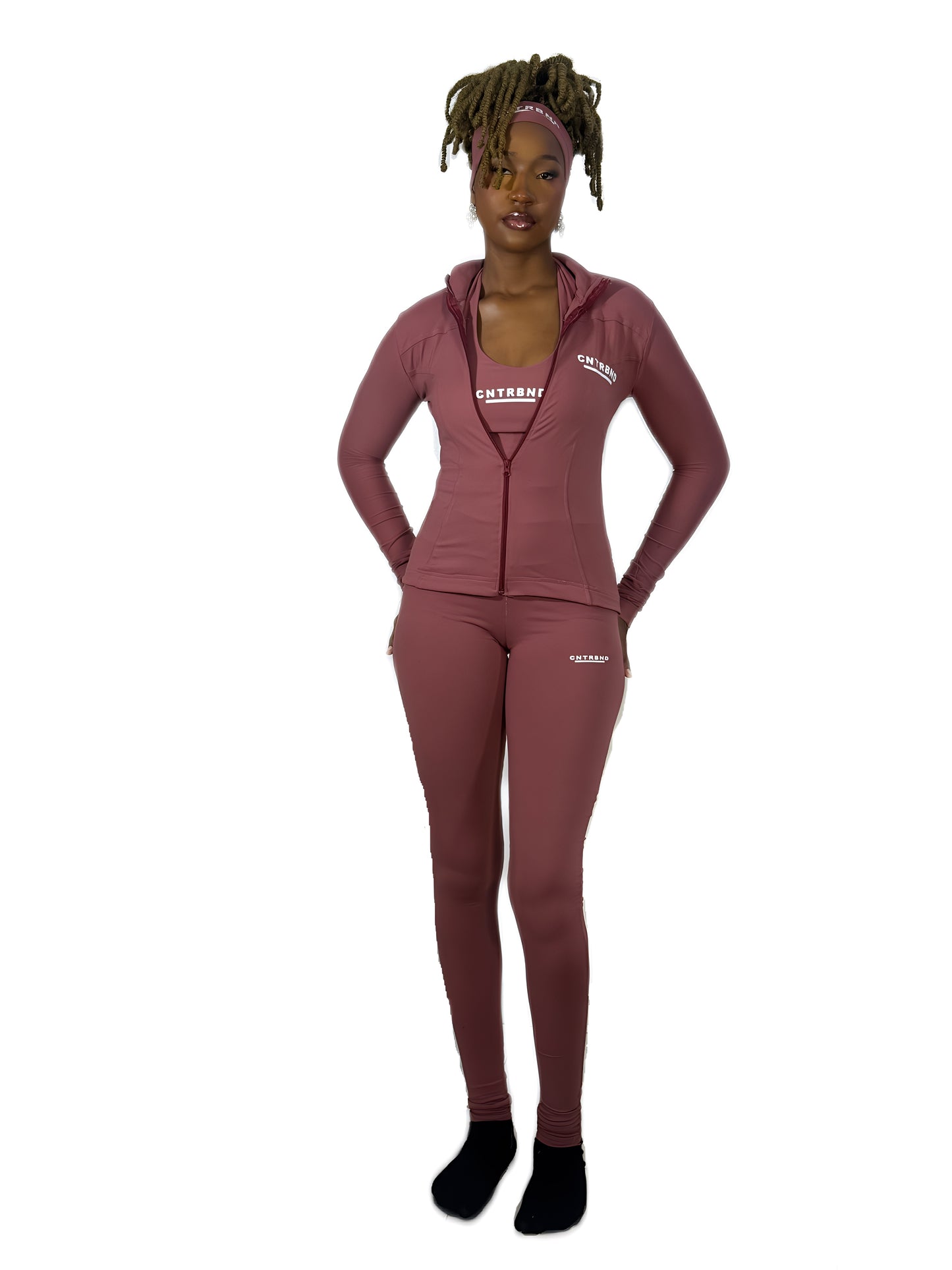 Rose Pink Leggings, Compression Jacket, Headband, Halter Neck