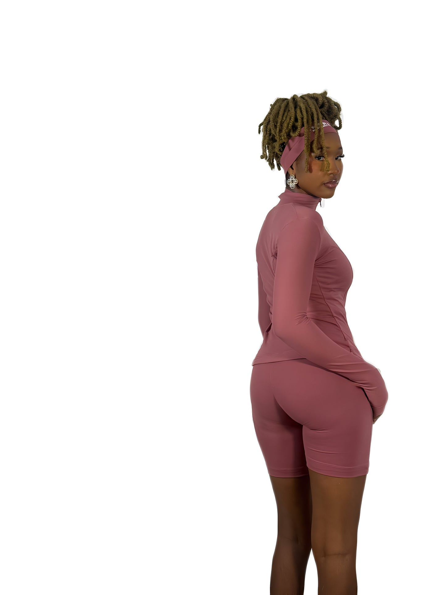 Rose Pink Shorts, Headband, Compression Jacket, Halter Neck