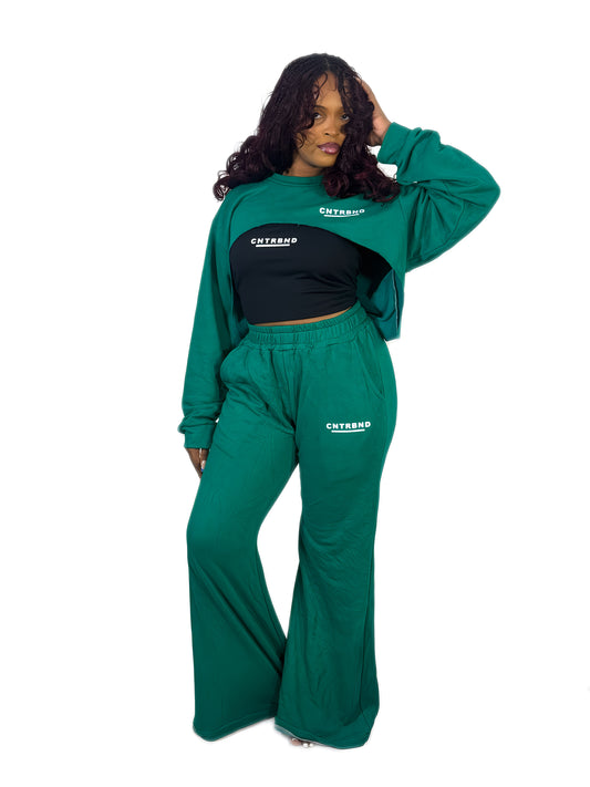 Teal-green Flared Joggers and Shrug