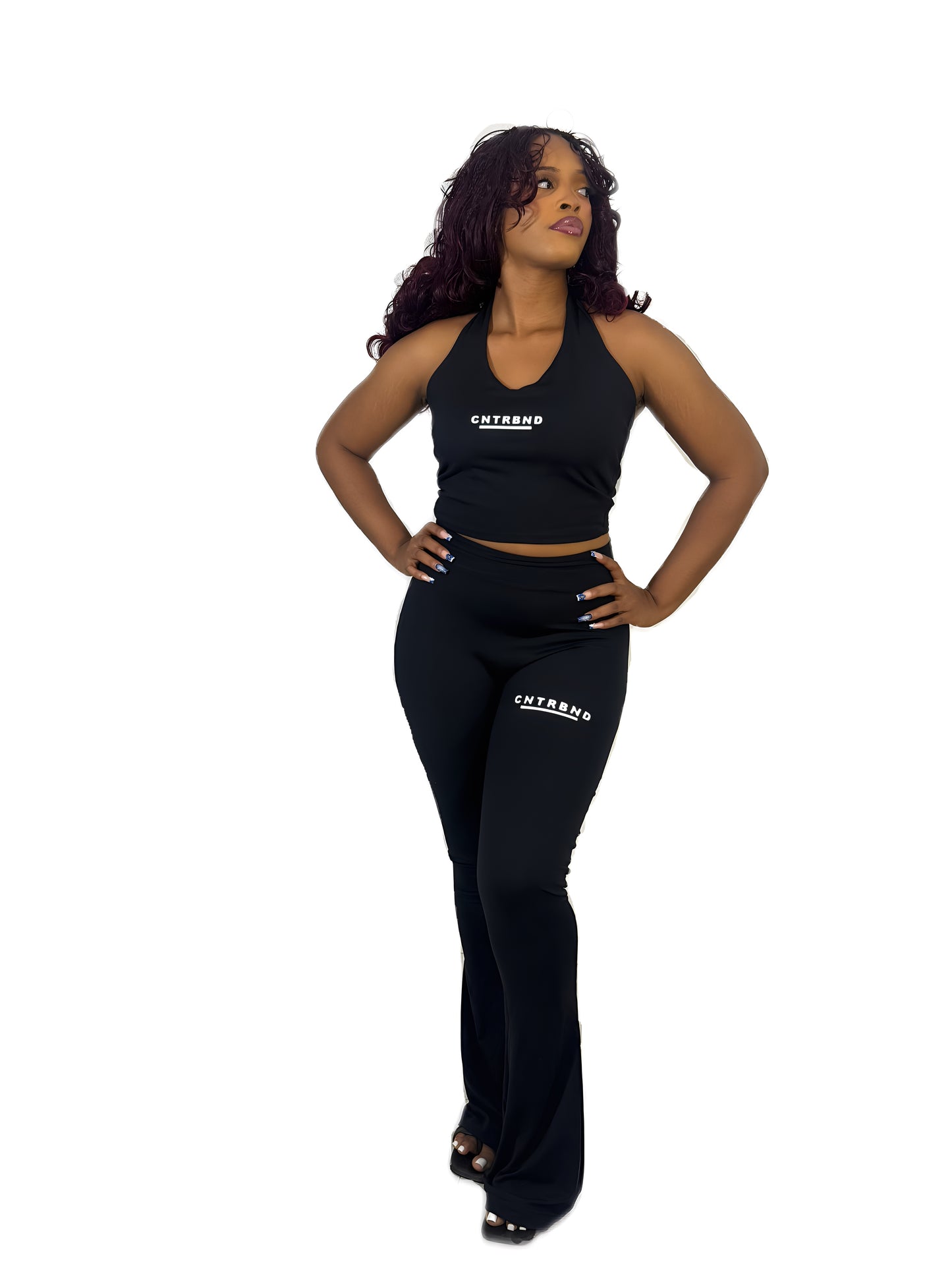 Black Halter Neck, Headband, Flared Pants