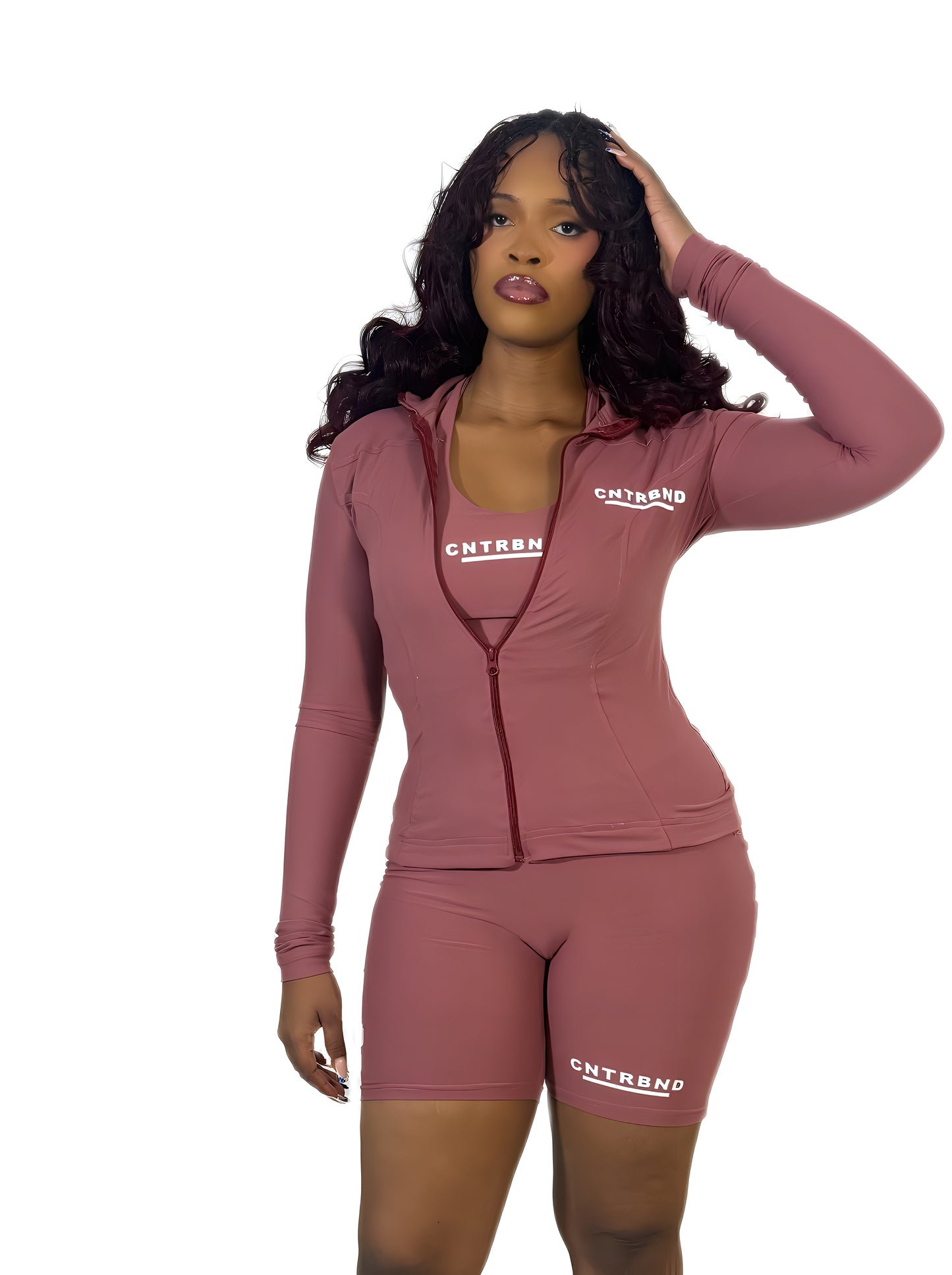 Rose Pink Shorts, Headband, Compression Jacket, Halter Neck