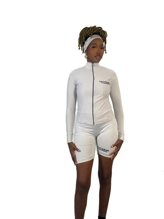 Grey Shorts, Headband, Compression Jacket