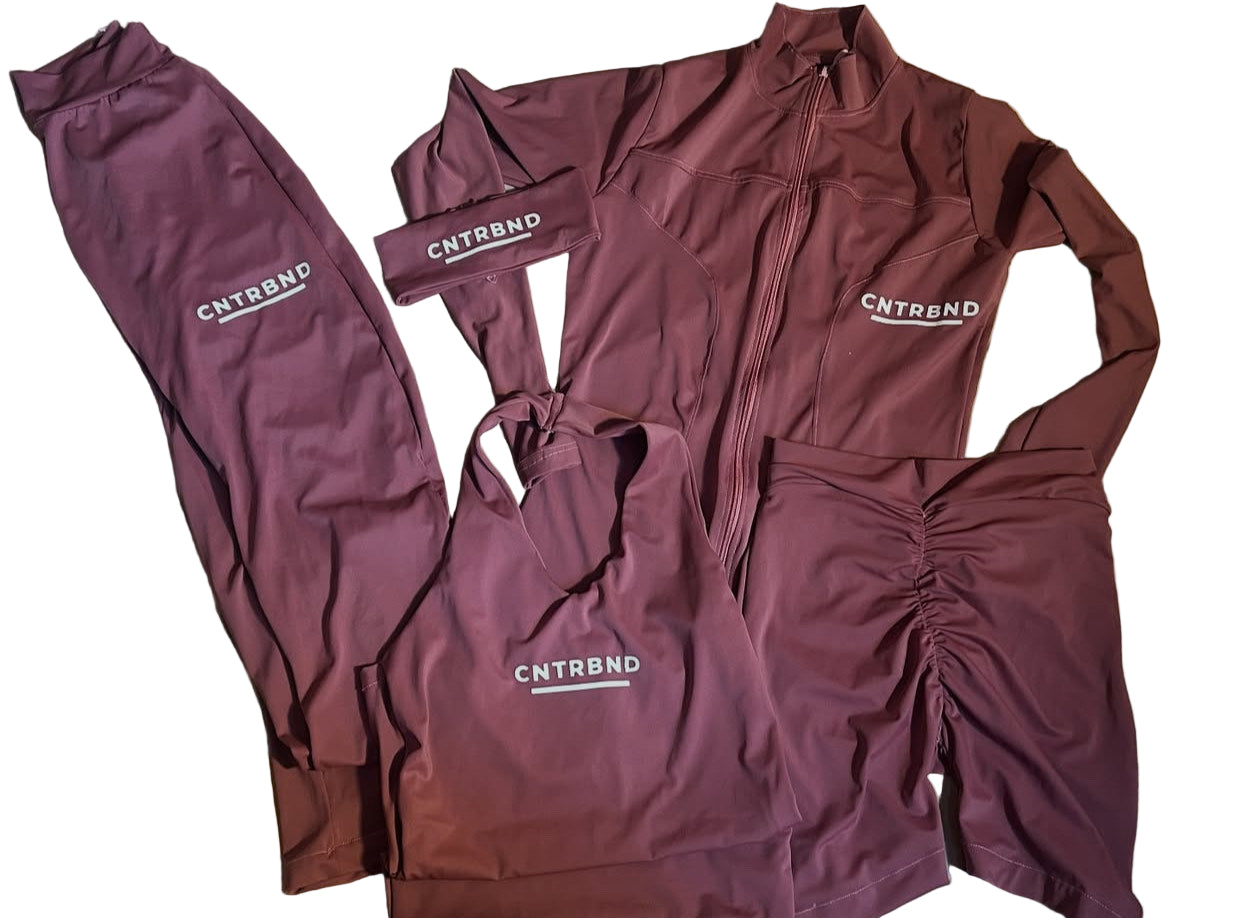 Rose Pink 5 IN 1 Set (Shorts, Headband, Compression Jacket, Flared Pants, Halter Neck)