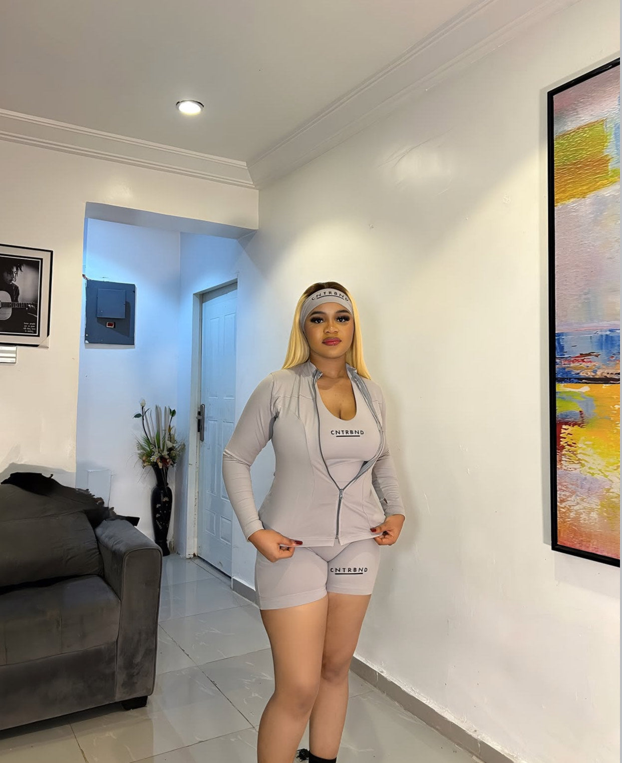 Grey Shorts, Headband, Compression Jacket, Halter Neck