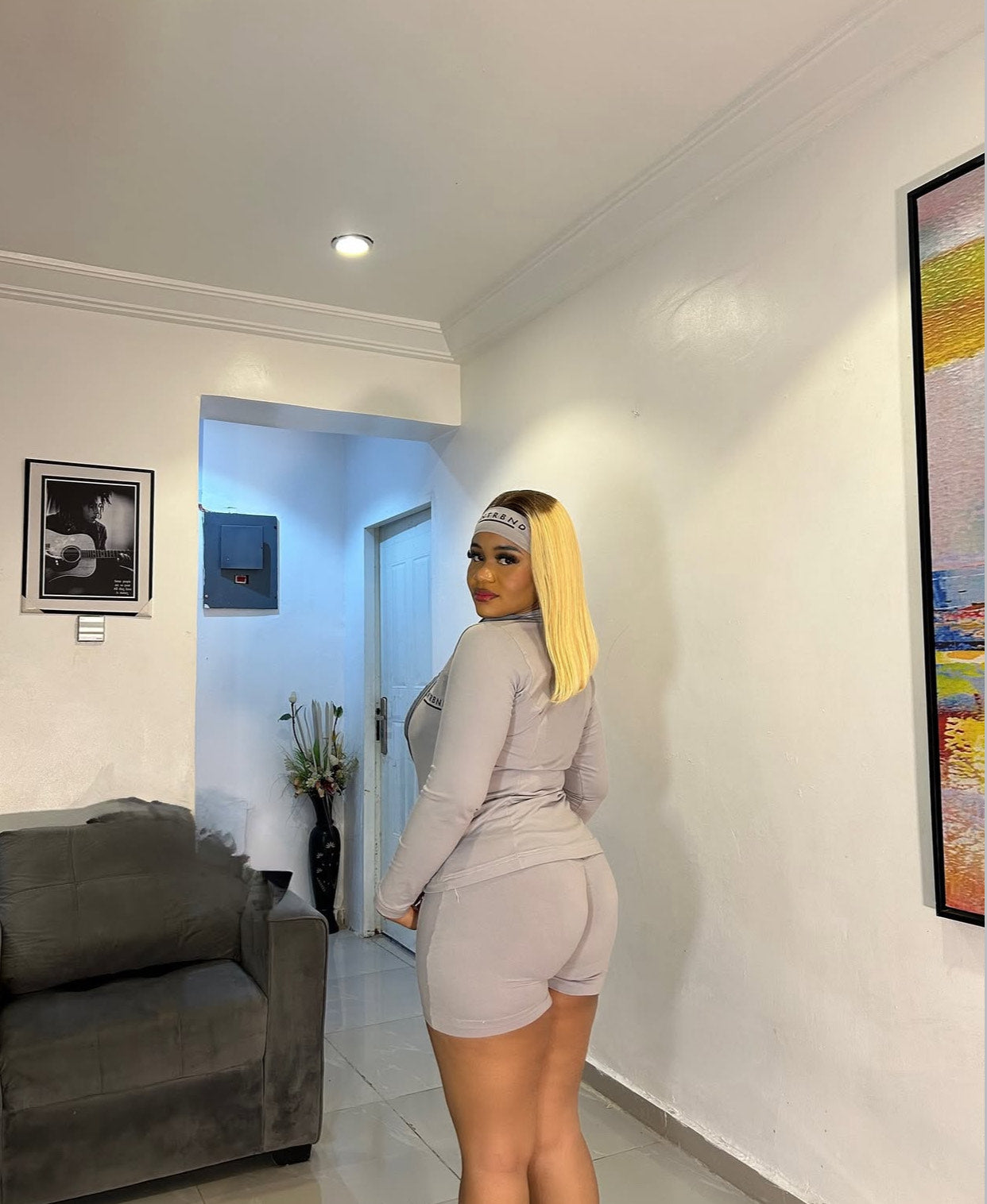 Grey Shorts, Headband, Compression Jacket, Halter Neck