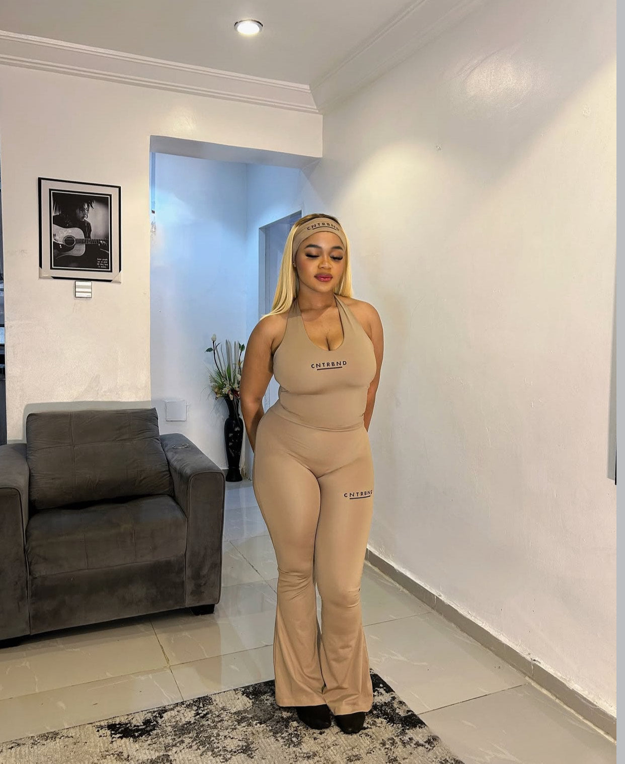 Beige Halter Neck, Headband, Flared Pants