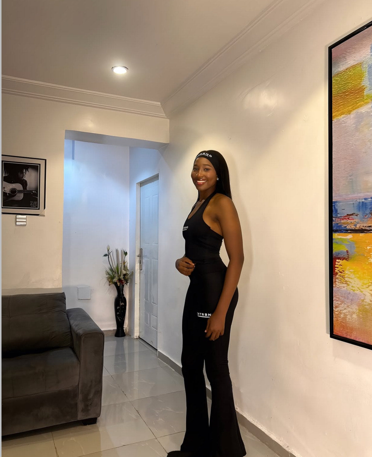 Black Halter Neck, Headband, Flared Pants