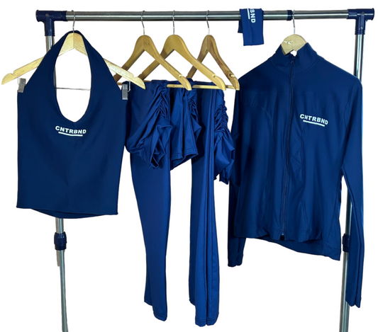 Navy 6 IN 1 Full Set(Shorts, Headband, Compression Jacket, Leggings, Flared Pants, Halter Neck)