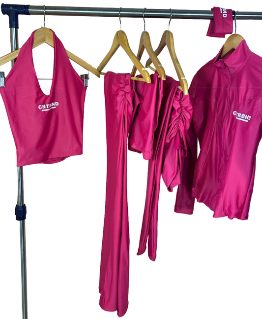 Pink 6 IN 1 Full Set(Shorts, Headband, Compression Jacket, Leggings, Flared Pants, Halter Neck)