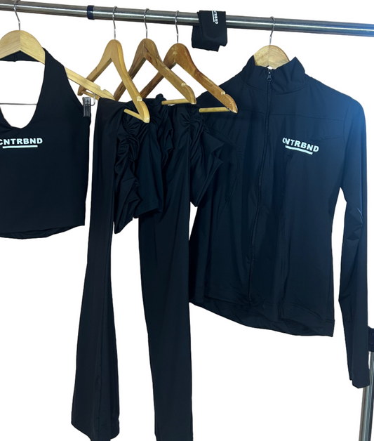 Black 6 IN 1 Full Set(Shorts, Headband, Compression Jacket, Flared Pant, Leggings, Halter Neck)